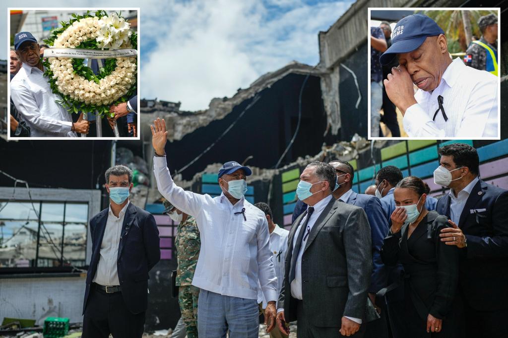 Eric Adams wipes away tears as he visits site of Dominican Republic night club collapse